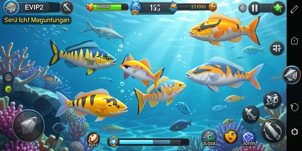 Tampilan gameplay menarik dalam EVIP2 dengan aksi Tembak Ikan.
