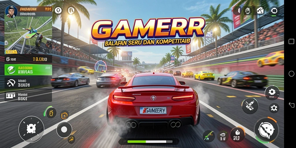 Tampilan gameplay GAMERP saat balapan di trek yang menantang.
