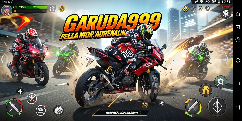 Tampilan gameplay GARUDA999 dengan balapan motor yang mendebarkan.