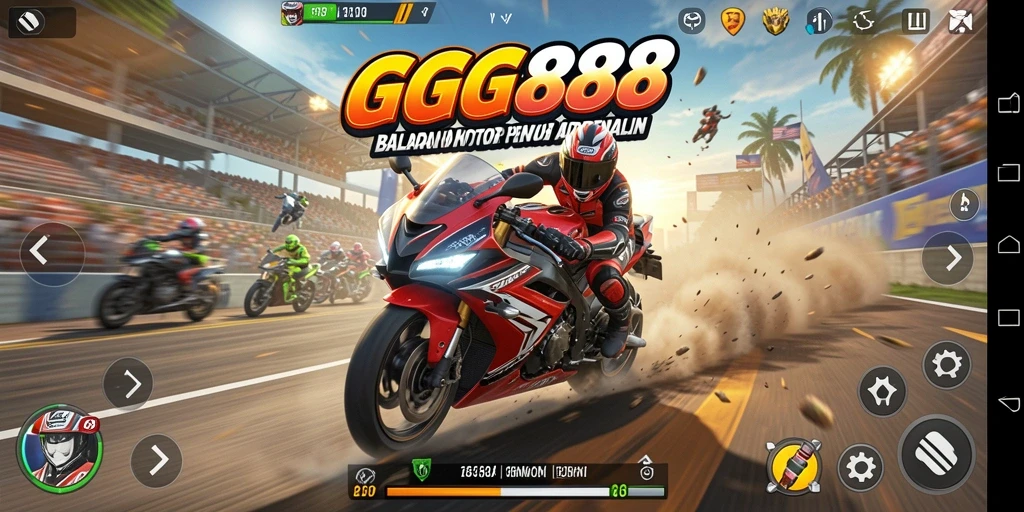 Tampilan gameplay mendebarkan dalam GGG888 saat balapan motor.