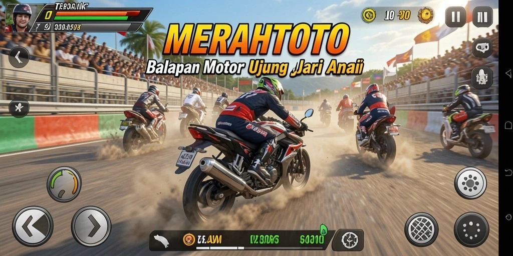 Screenshot gameplay MERAHTOTO menampilkan aksi balapan motor yang intens.