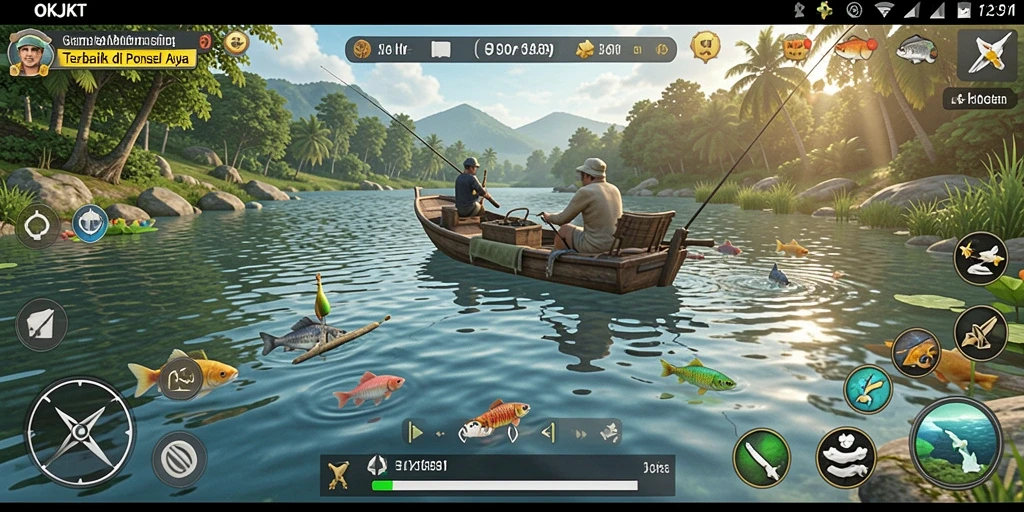 Screenshot utama OKJKT menampilkan pemain yang sedang memancing dengan latar belakang alam yang indah.